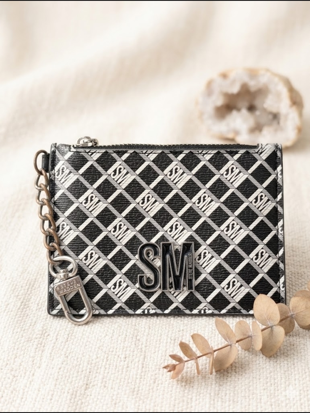 Steve Madden Monogram Black & White Card Wallet with Chain Y2K
